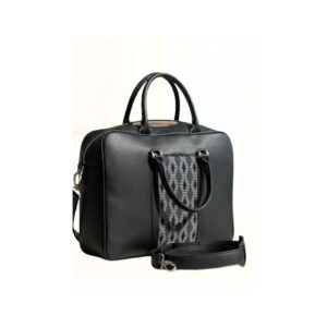 Sac ordinateur noir en cuir et pagne tissé