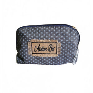 Trousse de Voyage Atelier Bii en tissu jean gris a motifs pois blancs et doublé en wax